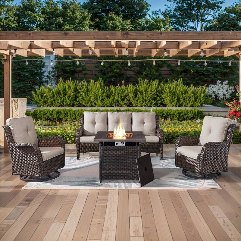 Gymojoy 4-Piece Outdoor Wicker Patio Furniture with Fire Pit Table, Rattan Coversation Set with Water Resistant Thick Cushions - Brown Wicker / Beige Cusion - 4-Piece