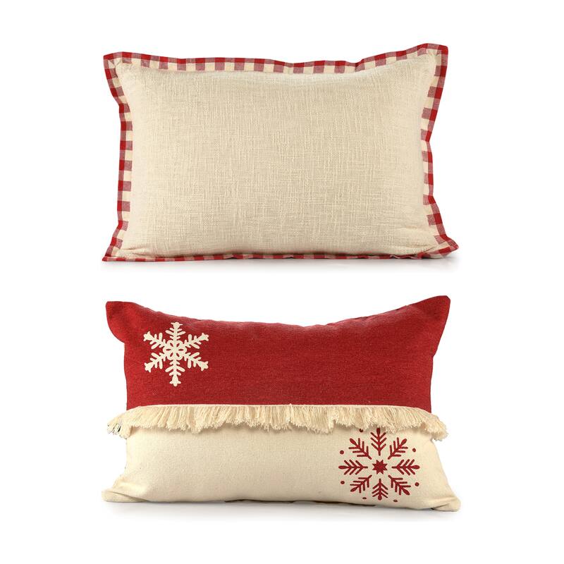 Set of Two Ivory And Red Lumbar Christmas Cotton Throw Pillow Covers