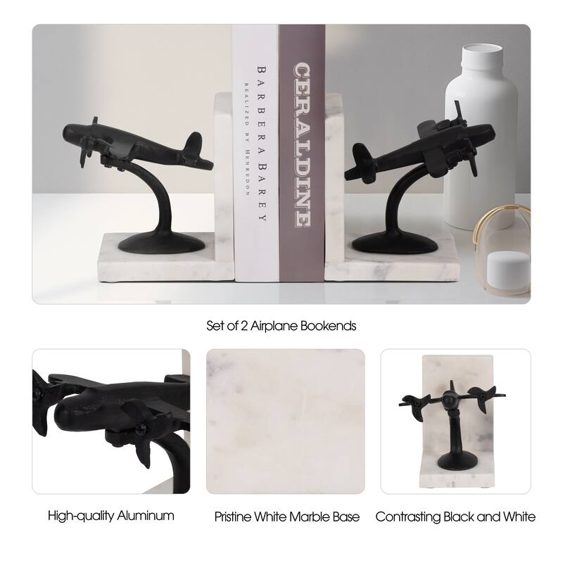 Sagebrook Home Art Deco-Inspired Biplane Bookends in Classic Black and White Marble, Jetsetter Chic decor, Set of 2