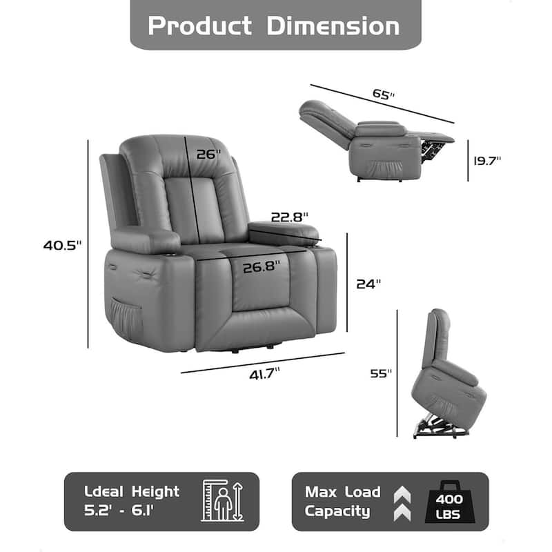 Oversized Power Lift Recliner Sofa Chair with Heat & Massage for Living Room, Bedroom