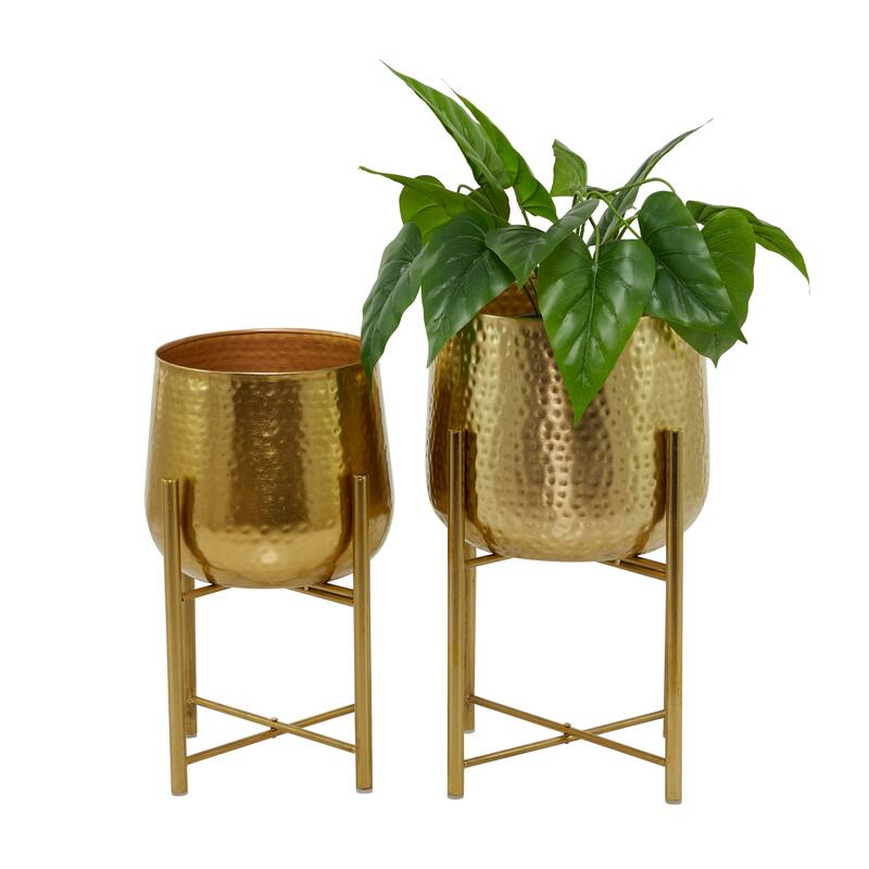 Metal Hammered Planter with X-Shaped Stands - Set of 2 Silver, Black or Gold - CosmoLiving by Cosmopolitan - Gold