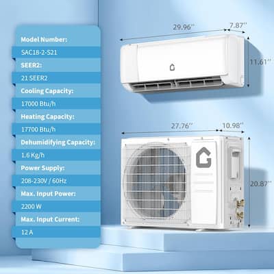 18000 BTU Mini Split Air Conditioner, 21 SEER2 208-230V Split Unit Ac