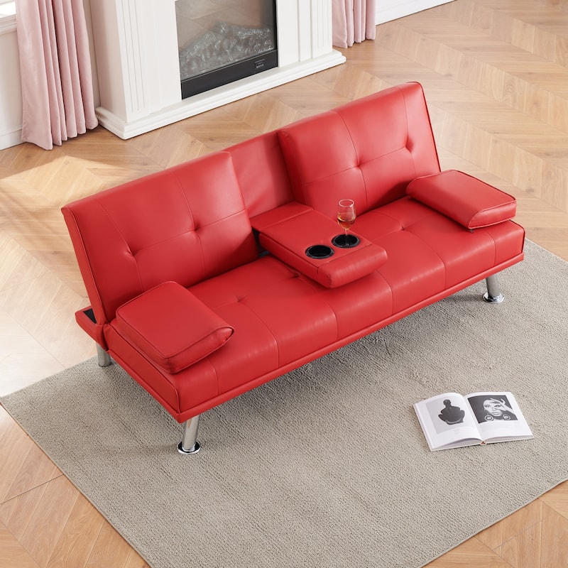 Roomfitters 67-Inch Red Faux Leather Convertible Futon Sofa Bed, Modern Sleeper Couch with Cup Holders for Small Spaces - Red