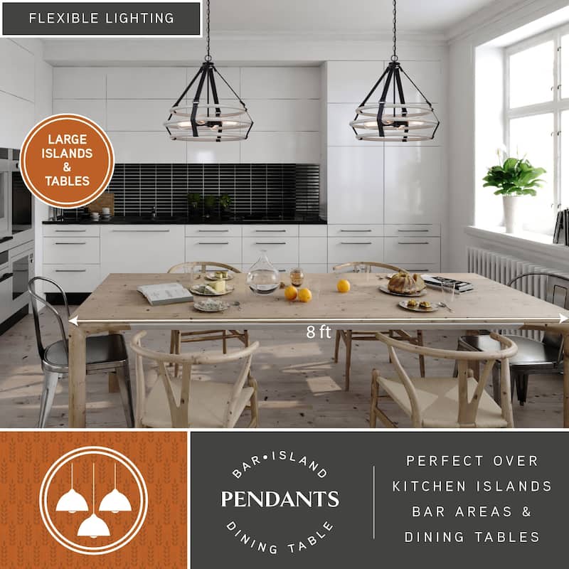 Taylor 4L Black and Ash Gray Drum Cage Industrial Pendant Light with Fabric Straps - 24-in W x 23-in H x 24-in D