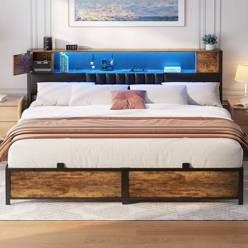 Farmhouse Bed Frame with Holey Board, Upholstered Headboard Platform Bed with Charging Station