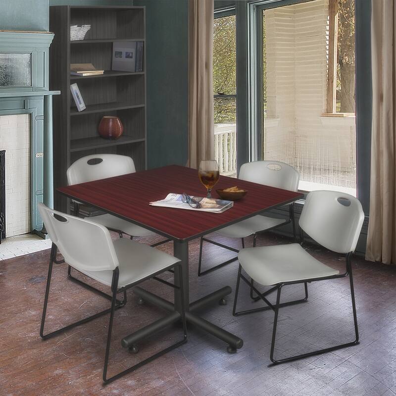 48 in. Square Breakroom Table- Mahogany & 4 Stack Chairs- Grey