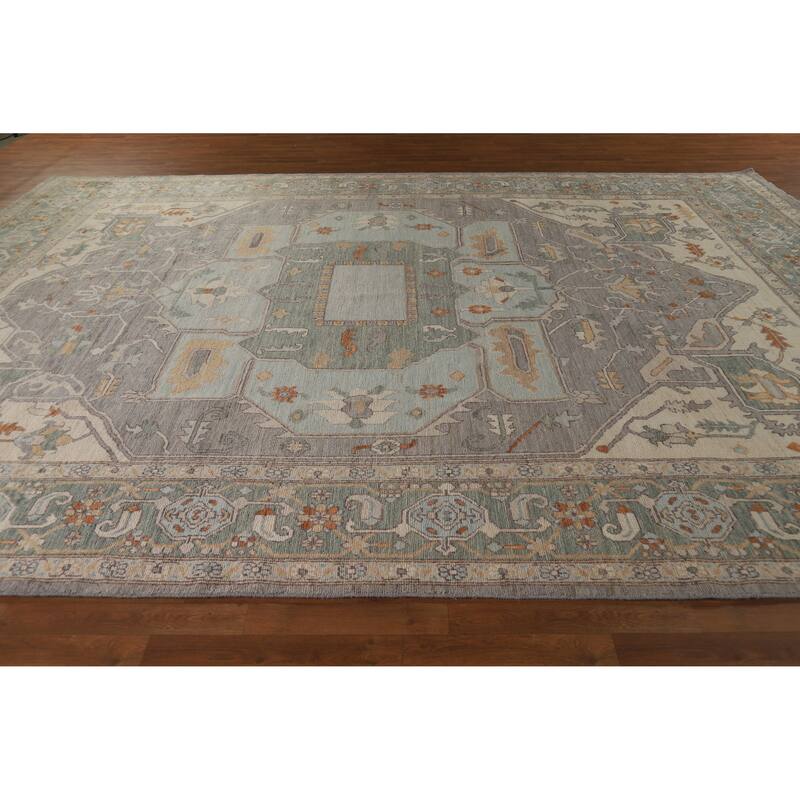 Hand Knotted Oriental 100% Wool Carpet Transitional Medallion Greys & Charcoal Oushak Area Rug - 14' 2'' X 10' 2''