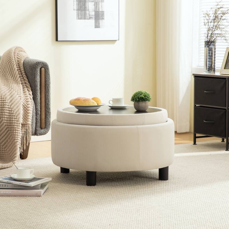 Fabric Storage Ottoman with Reversible Lid and Buckle Design Footstool