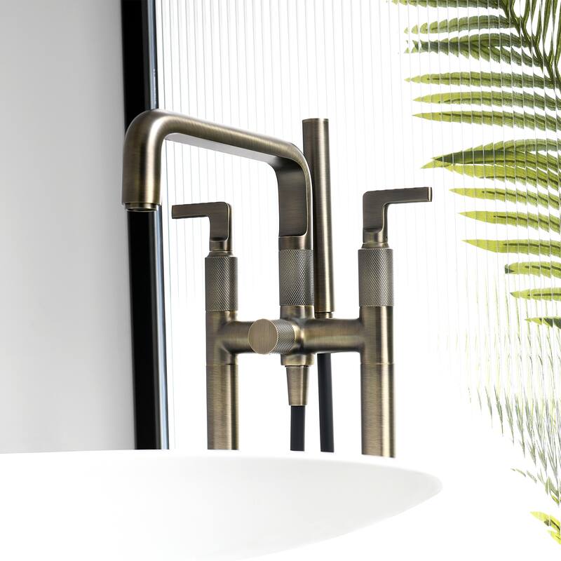 33" H Solid Brass Floor Mounted Freestanding Tub Faucet with Hand Shower and Diverter