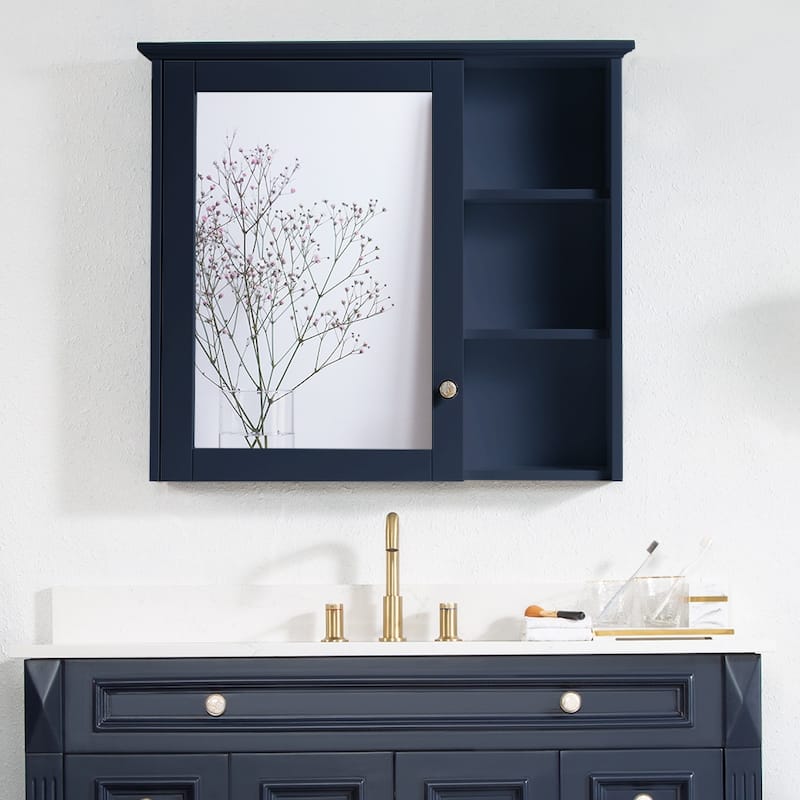 Modern Surface Mount Solid Wood Framed Medicine Cabinet With Mirror and Shelves - Navy Blue-34'' W