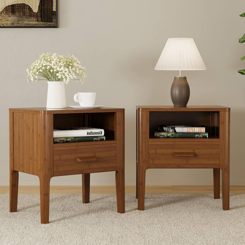 GDFStudio - Miri Mid-Century Modern Solid Bamboo Wood Nightstand with Drawer & Open Shelf, Softly Curved Edges Design