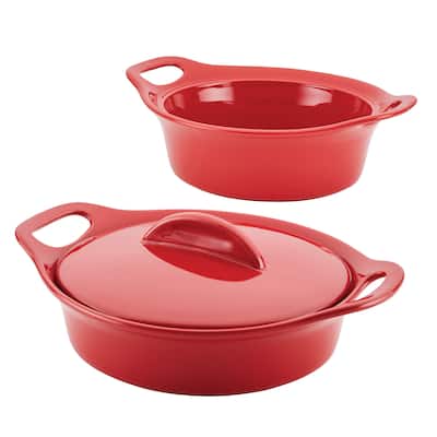 Solid Glaze Ceramics Casserole Bakers/Baking Dish with Shared Lid Set, 3 Piece, Red