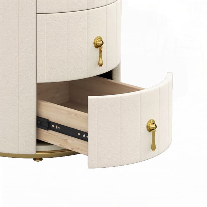 Round Bedside Upholstered Nightstand with 3 Drawers
