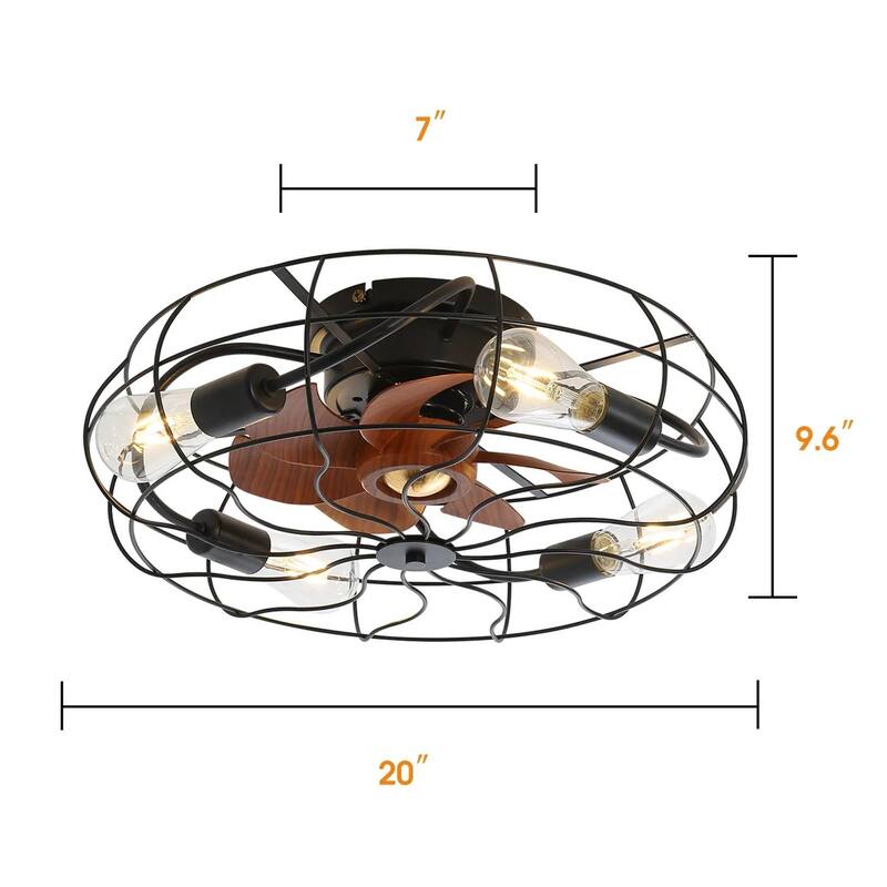 Industrial 20 Inch Flush Mount Ceiling Fan with Remote Control, Metal Cage Ceiling Fan Light
