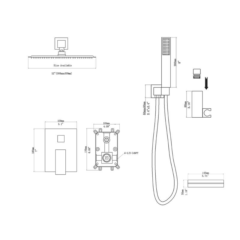 Topcraft 12-Inch Wall Mounted Square Shower System with Rough-in Valve - 12*12