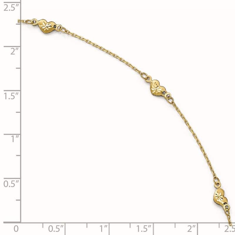 Curata Women's Italian 14k Yellow Gold Polished and Diamond-Cut Heart Anklet - 9+1 Inch