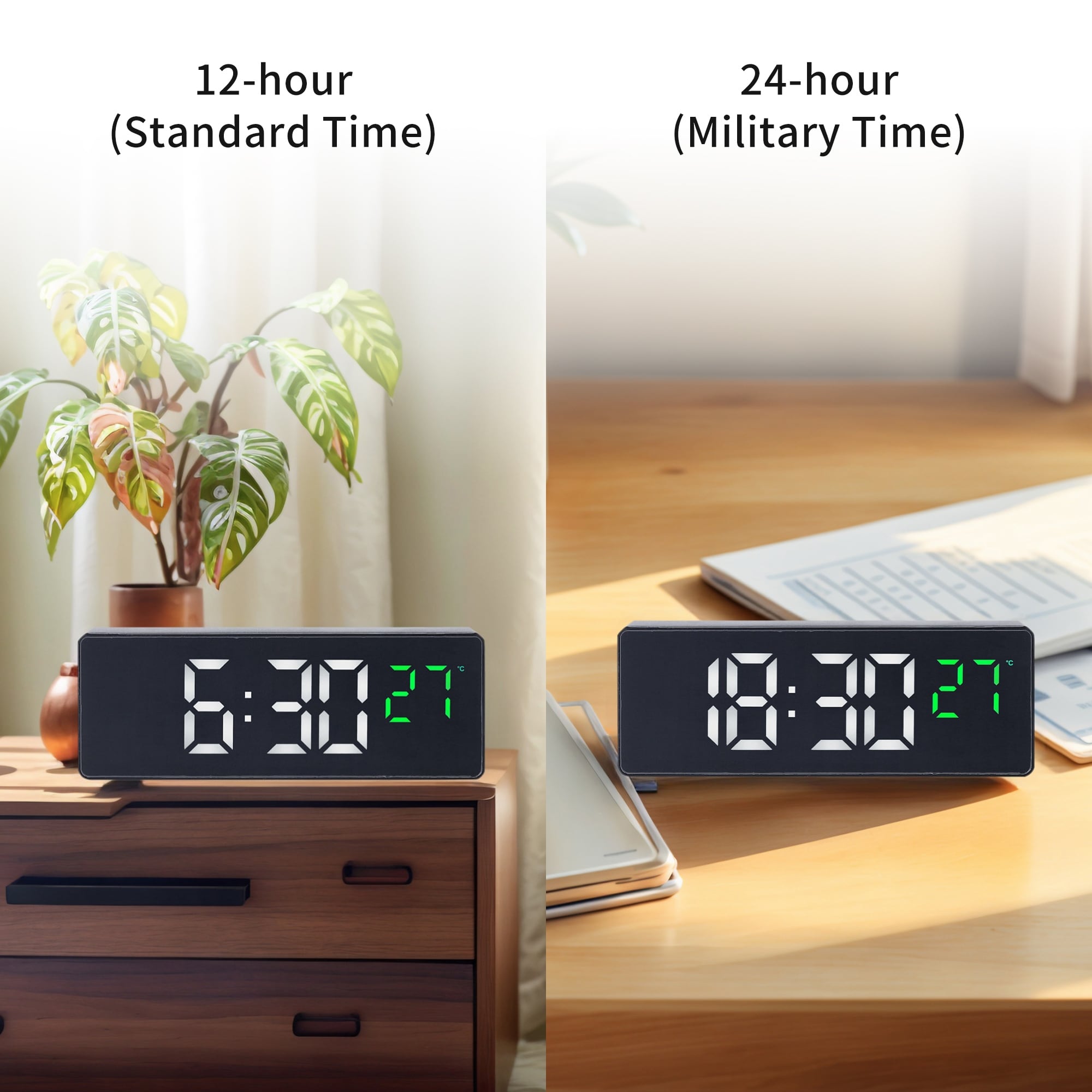 Three Alarm Clock Snooze Function Big Numbers Display Battery