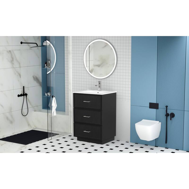 30" Freestanding Bathroom Vanity with Ceramic Sink and 2 Storage Drawers, Stylish Gray Floor Cabinet