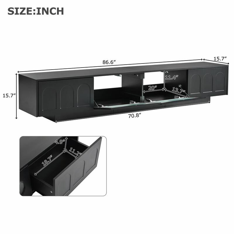 Functional TV Stand with Arched Cabinet Doors, Entertainment Center with APP-Controlled Smart LED Light