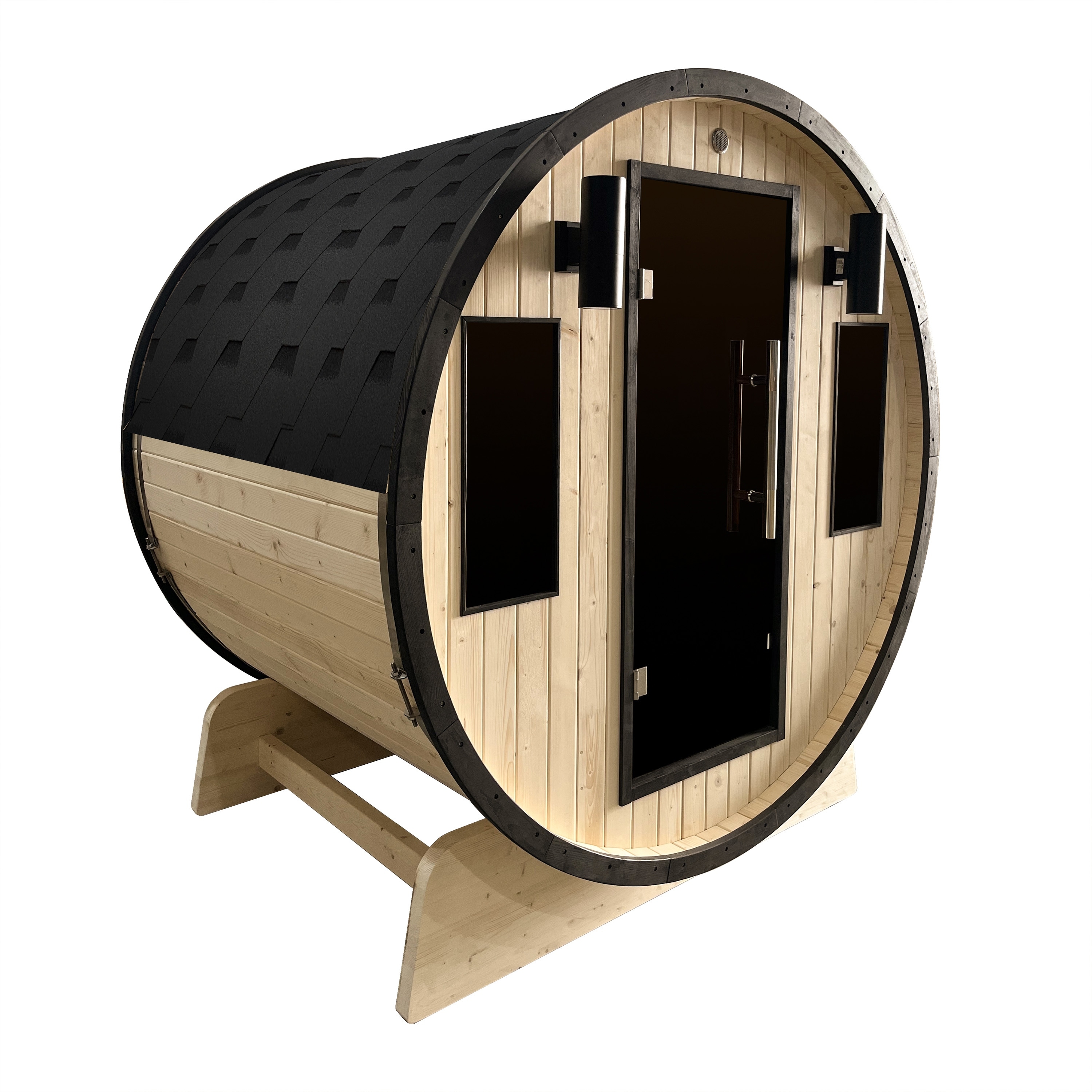 ALEKO Barrel Sauna Outdoor 4 Person Pine Wood Dry/Wet with Heater and Roof Celasia SB4PINEBLK