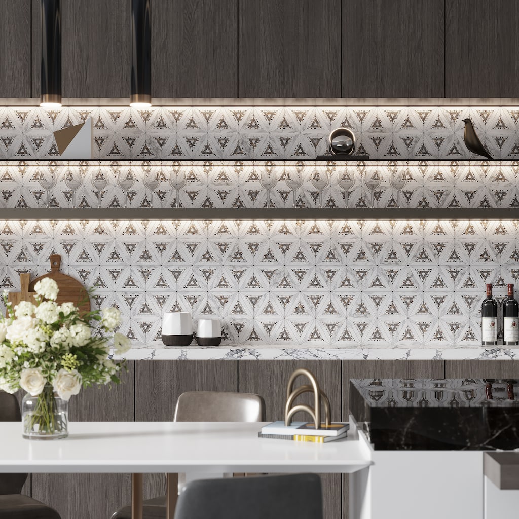 Apollo tile 9 x 10 Stellare Polished Calacatta Gold, Glacier Terrazzo, Atlantic Gray Marble Tile (3.14 sq ft/case) - 5 Pack