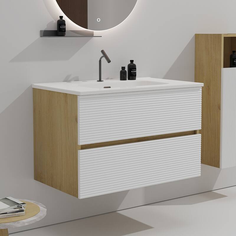 GDFStudio - Gloria Floating Bathroom Vanity with Integrated Ceramic Sink and Soft-Close Storage - White + Light Oak - 30"