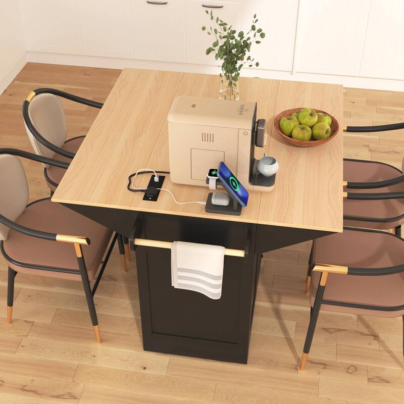 55.7" Kitchen Island with Drop Leaves, Rolling Cart with Power Outlet, Spice Rack, and 3 Drawers