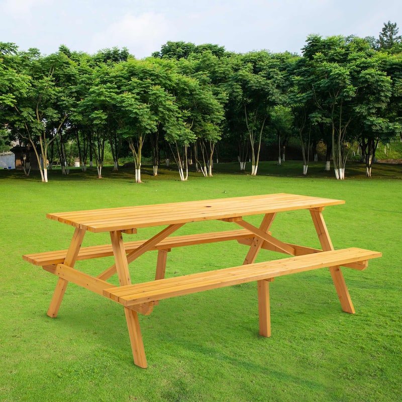 8 Person Wooden Picnic Table with 2 Benches and Umbrella Hole
