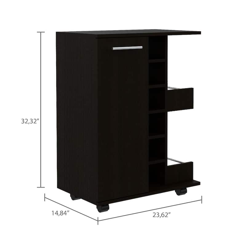Bar Cart, Four Casters, Six Wine Cubbies, Single Door Cabinet