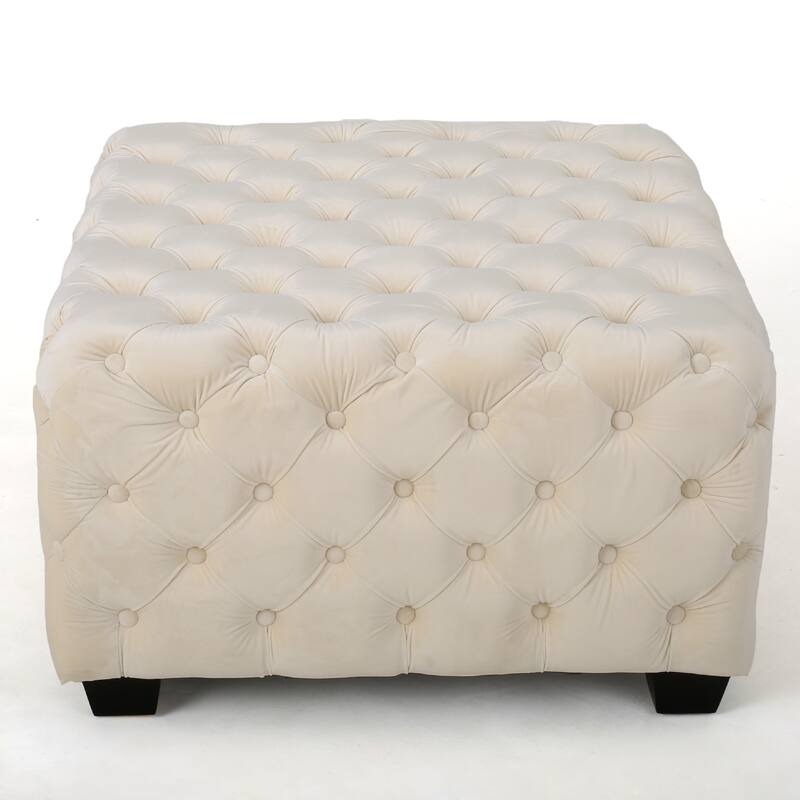 Lavie Ottoman, Tapered Legs, Ivory Diamond Stitch Velvet, 29 Inch