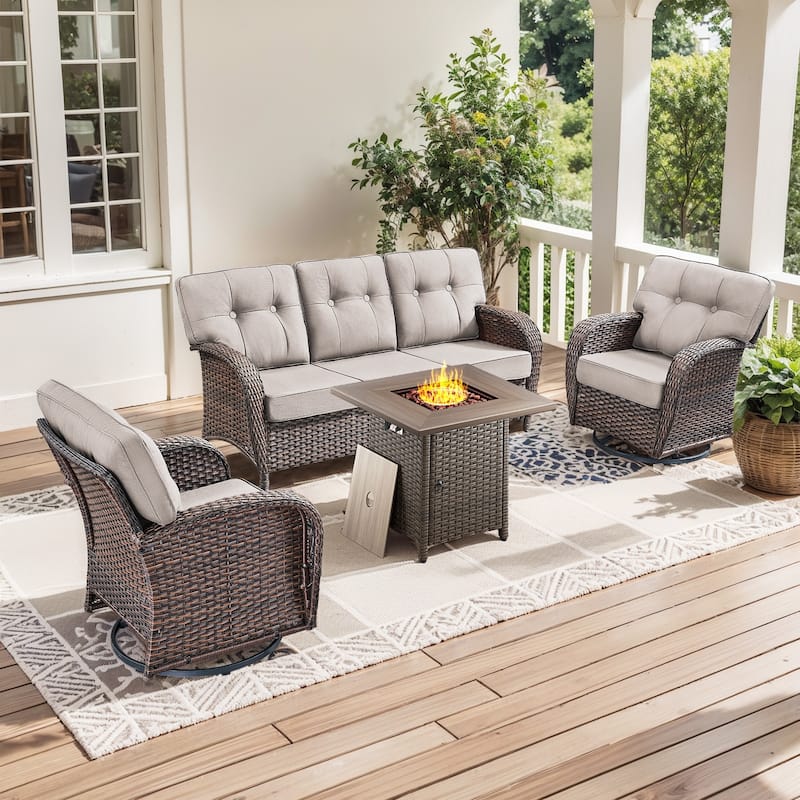Pocassy Ooutdoor Fire Pit Table with Patio Funiture - 4 Pieces w/ Swivel Chair - Brown Wicker & Beige cushion