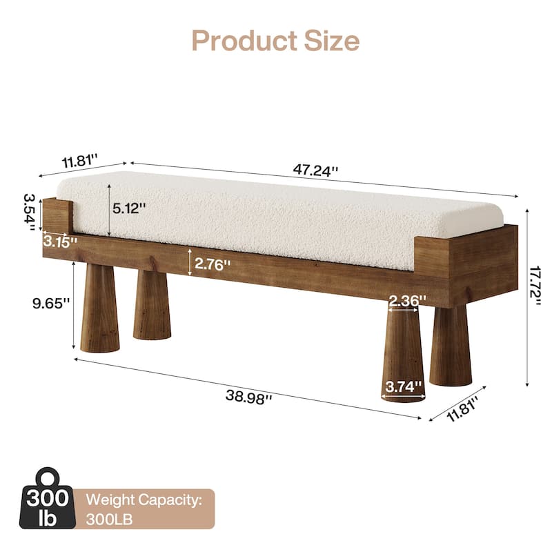 Solid Wood Bench with Cushion, 47.2'' Modern Bench for Bedroom Entryway