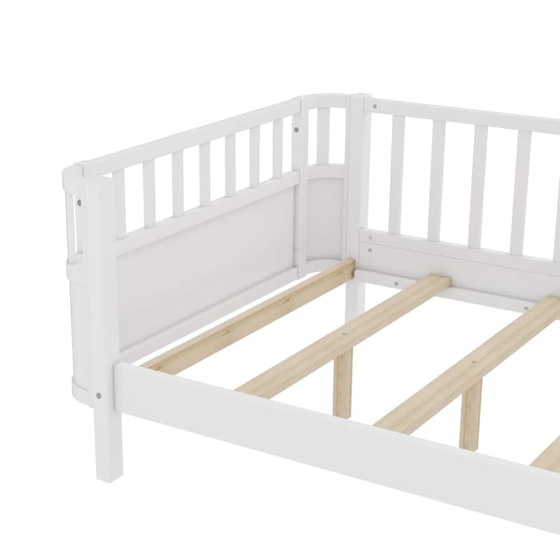 Multi Size Low Platform Bed for Kids with Rounded Corners Guardrails, Detachable Right-side Fence and Open Left-side Design