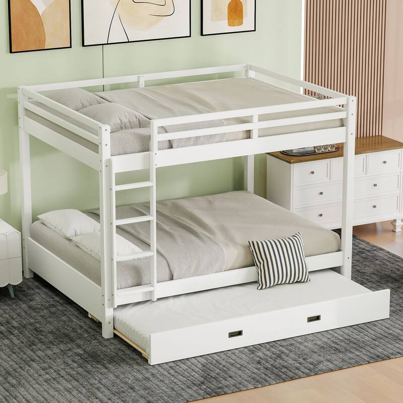 Queen over Queen Size Bunk Bed with Ladder and Guardrail, Modern Wood Bed Frame with/without Trundle Optional - White - With Trundle