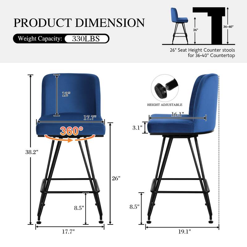 26" Leather/Velvet Swivel Counter Height Bar Stools - 38.2"H x 17.7"W x 19.1"D