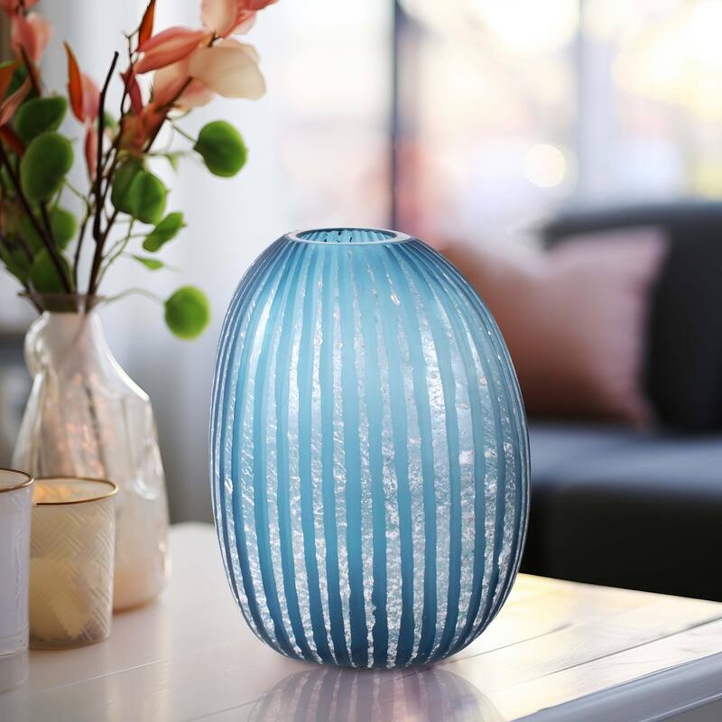 Allan Andrews Contemporary Asymmetrical Matte Blue & Silver Glass Vase Collection - 9.75"H