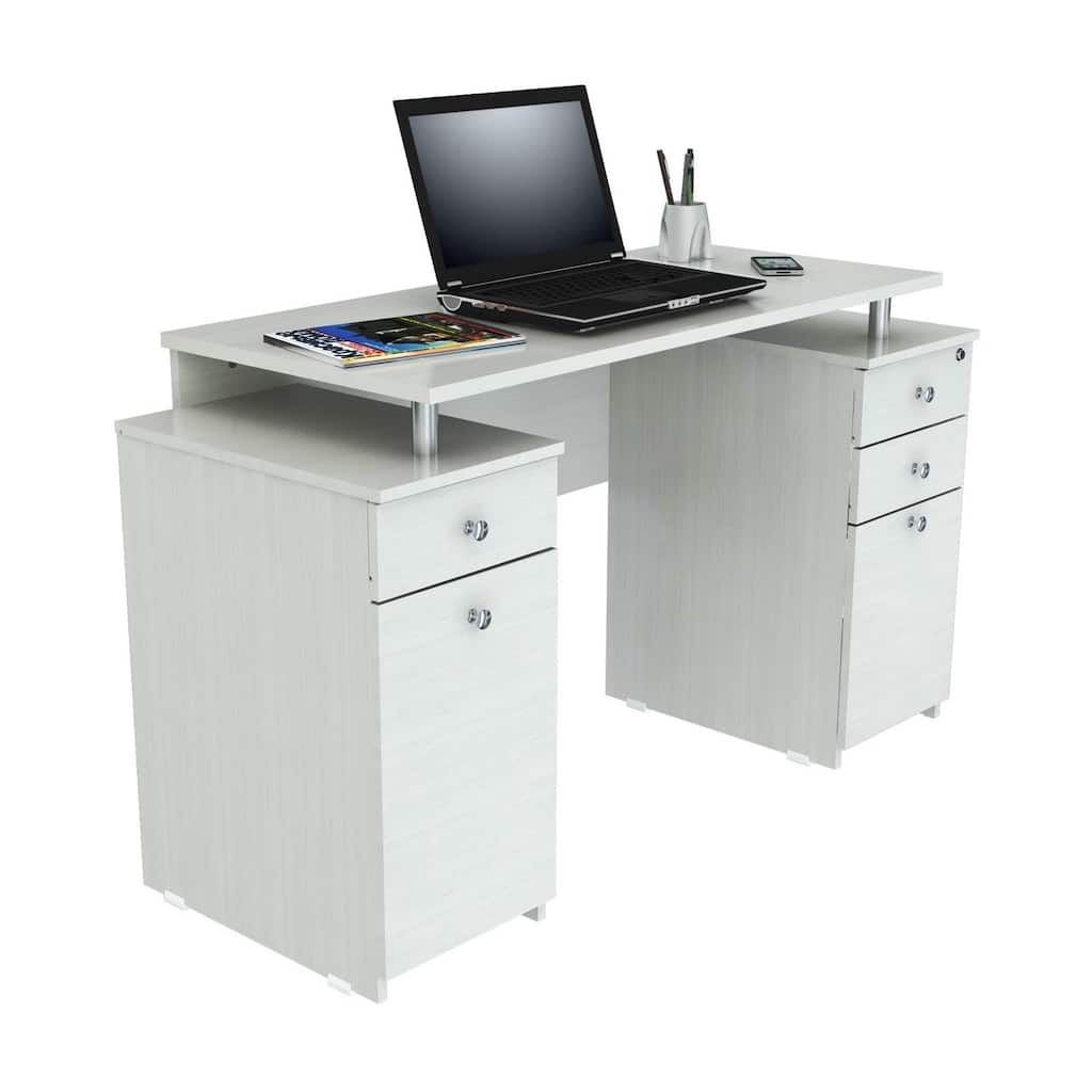 Inval Laricina White Modern Straight Computer Writing Desk with Locking File Drawer