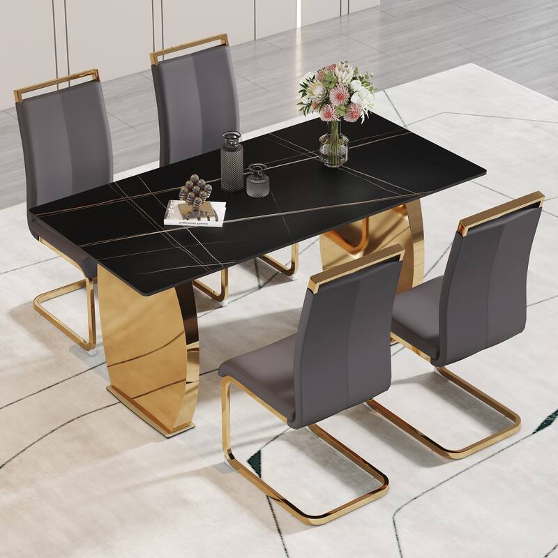 Modern Dining Set with Sintered Stone Table & PU High Back Chairs