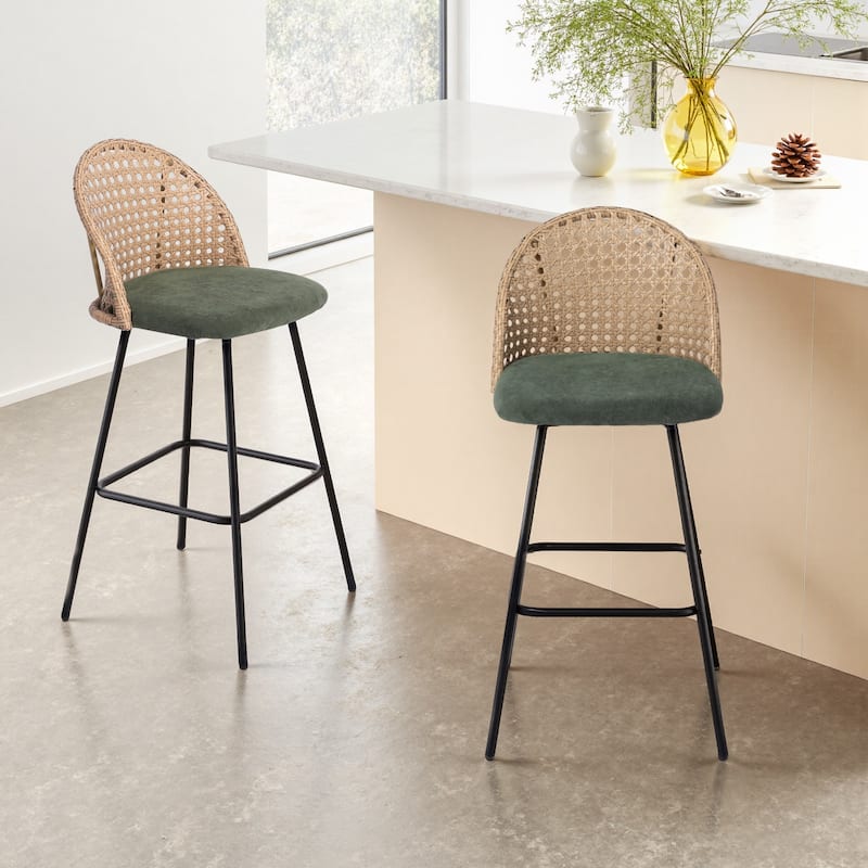 29" Upholstered Swivel Bar Stools with Rattan Back