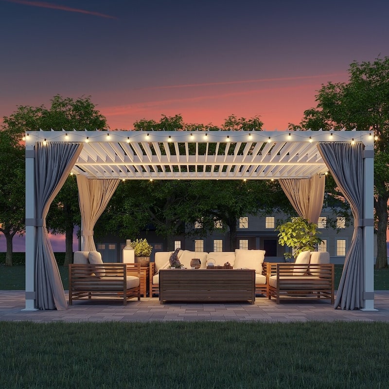 Outdoor Louvered Pergola, Outdoor Patio Hardtop Gazebo, Adjustable Metal Roof Curtains and Netting Included