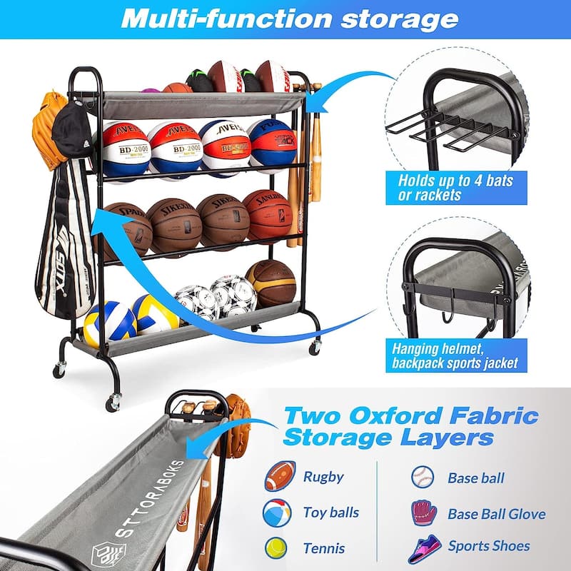 Sttoraboks Basketball Rack, Garage Ball Storage Stand Ball Rack Rolling Balls Organizer with Baseball Bat Holder & Hooks