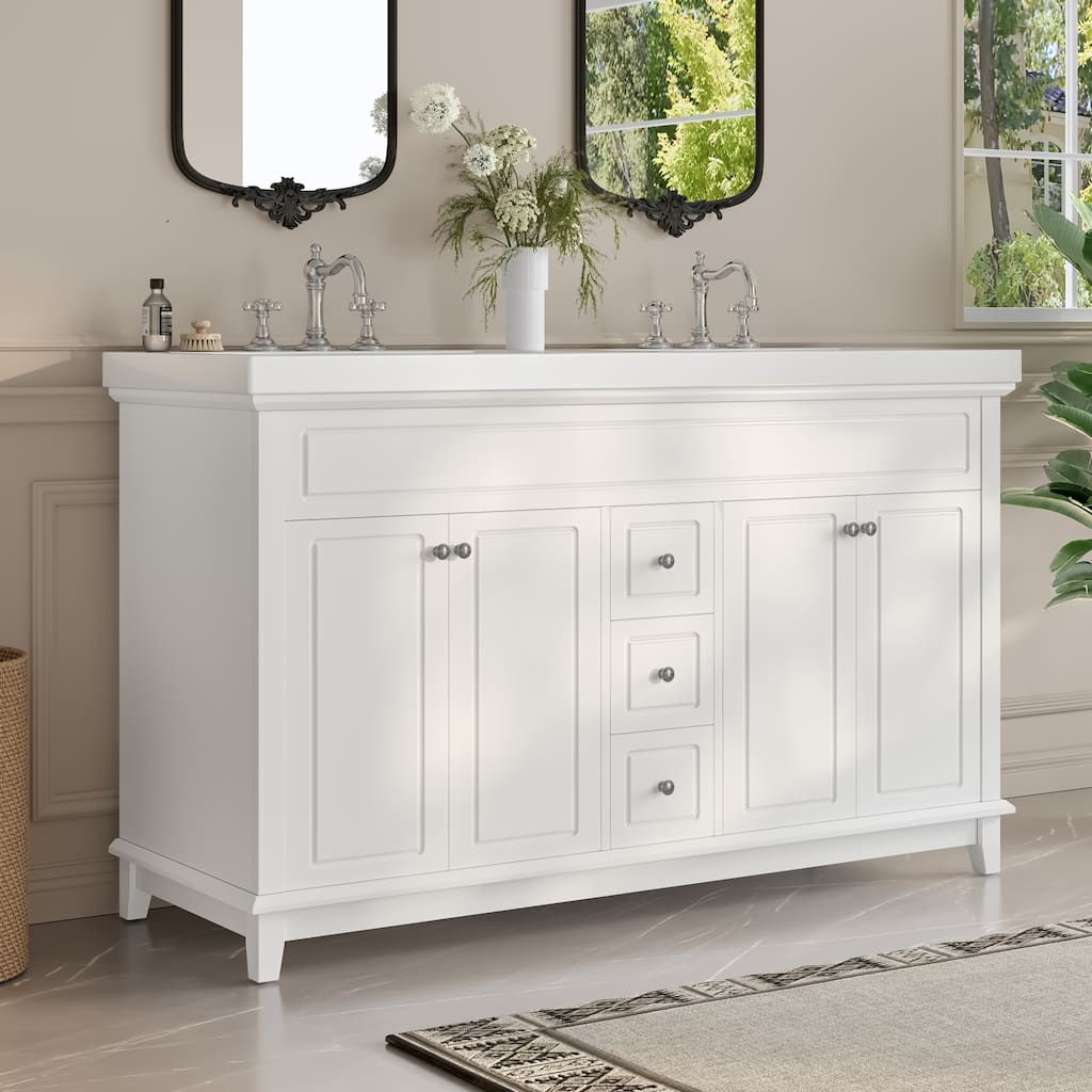 60" Bathroom Vanity-Classic-Wood Legs-Resin Double Sinks with Soft-Close Drawers & Doors.