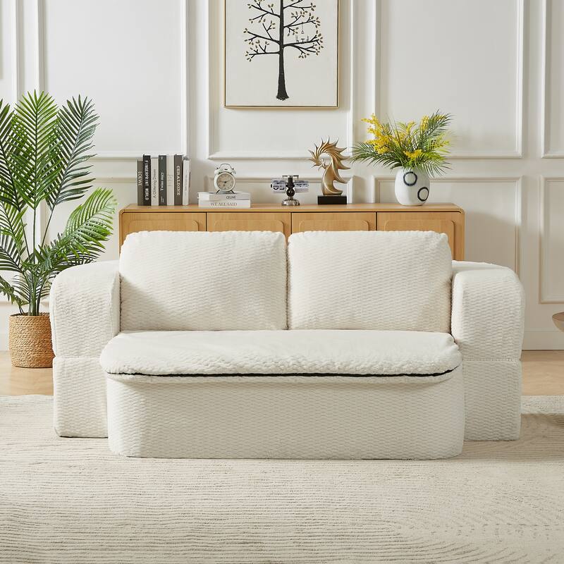 Convertible Sofa Bed with Foam Cushion, Foldable 2-in-1 Couch Loveseat, Plush Sleeper Sofa with Silk Wool Blanket - Cream