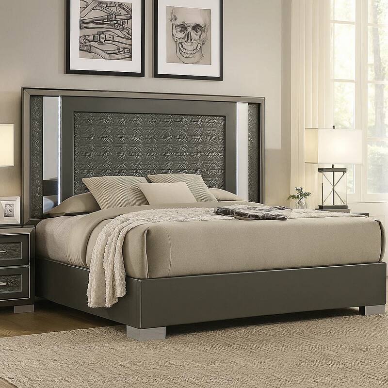 Levi King Bed, Dark Gray, Solid Teak and Rubberwood, Modern LED Lighting