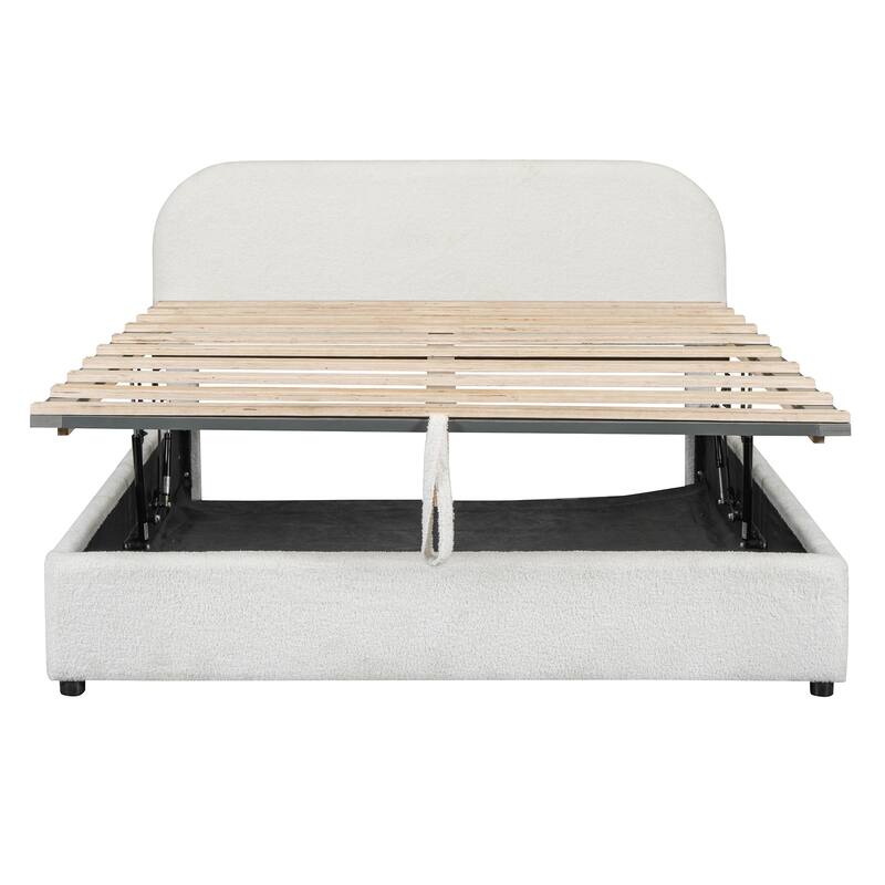 Queen Size Upholstered Platform Bed with Hydraulic Storage System, White