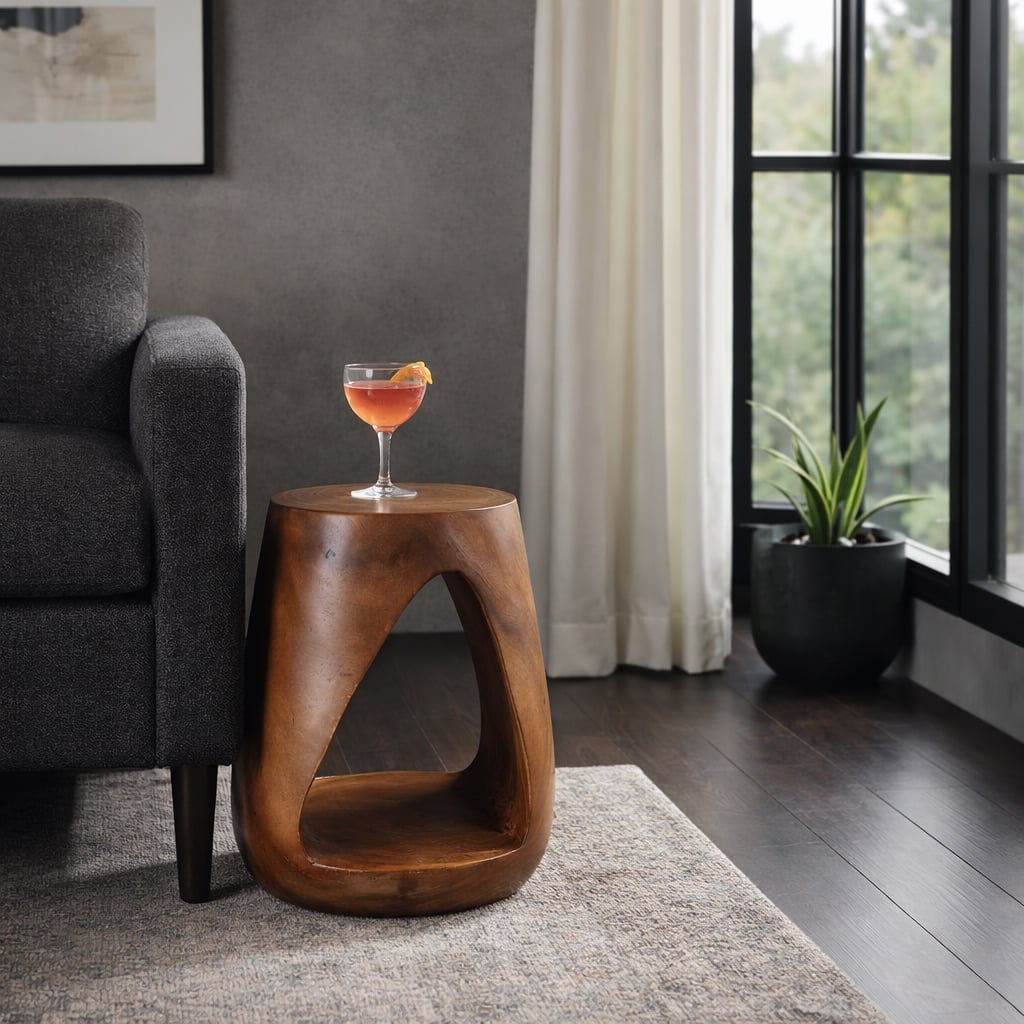 Side Table - Wood Modern Hollow Center Design - Brown, 18" - 18.0"