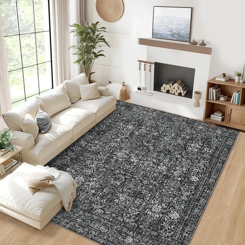 Vintage Area Rug Washable Rug Floral Living Room Rugs Non Slip Low Pile Throw Rugs - 9'x12' - Black