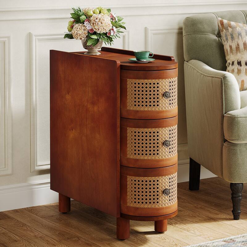 3-Drawer Solid Wood End Side Table Rattan Nightstand Bedside Table - Walnut+Oak