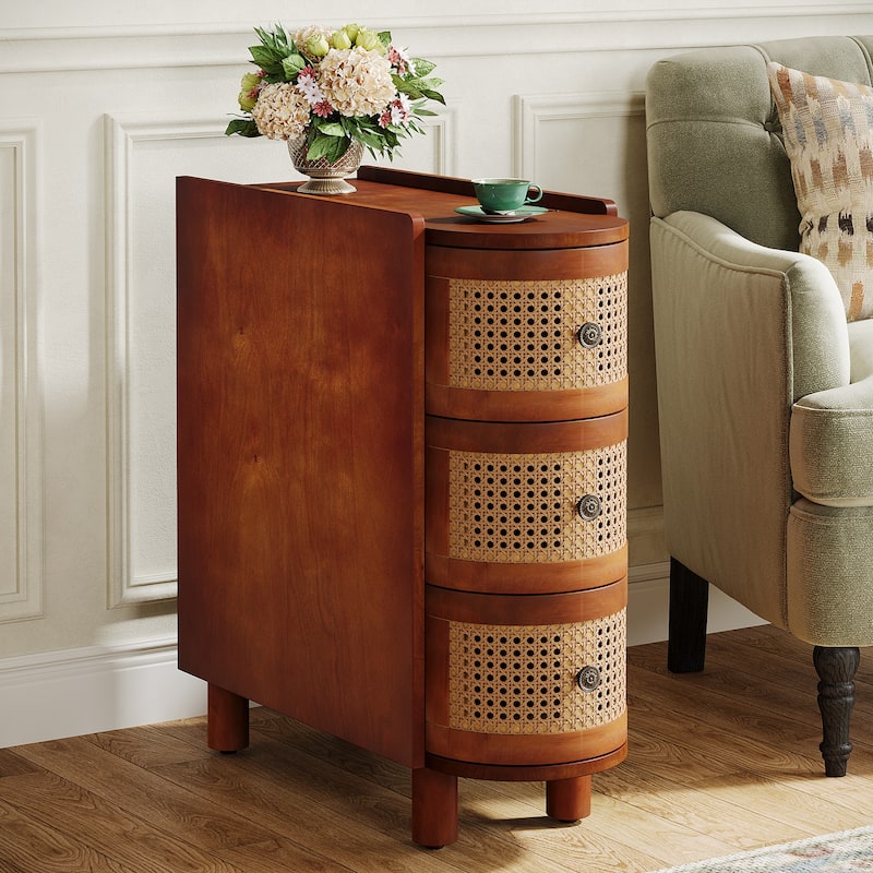 Solid Wood End Table, 3-Drawer Rattan Side Table, Night Stand with Exquisite Embossed Handles - Brown and Oak - 1PCS