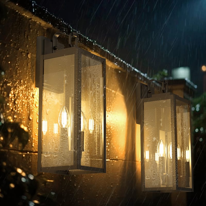 YANSUN Set of 2 Outdoor Wall Lanterns Black 18" Glass Dusk-to-Dawn E12 Candelabra